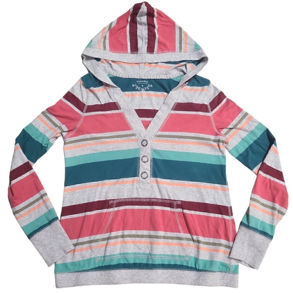 Striped Pink Gray & Blue Hoodie Shirt Women's Medium